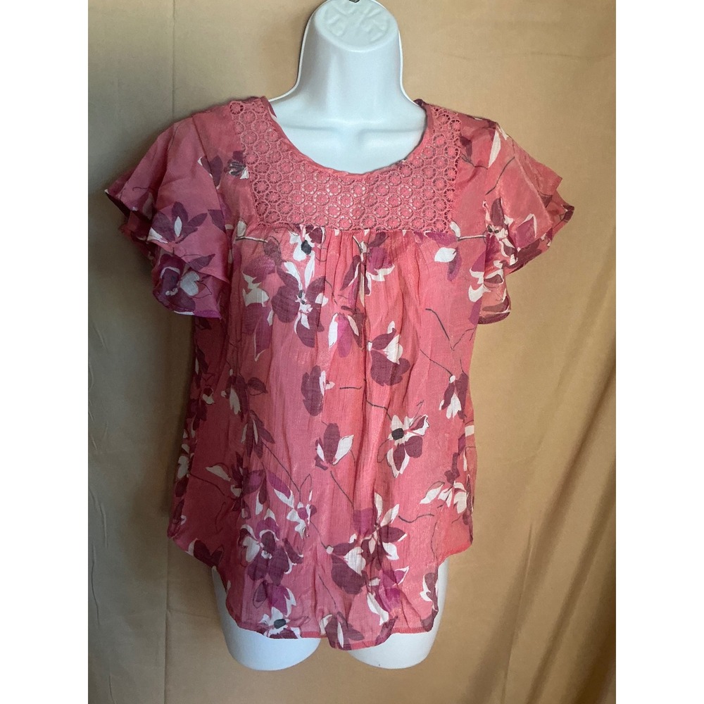 Liz Claiborne Blouse Womens XS Pink Excellent Floral Flutter Sleeve Lace Yoke